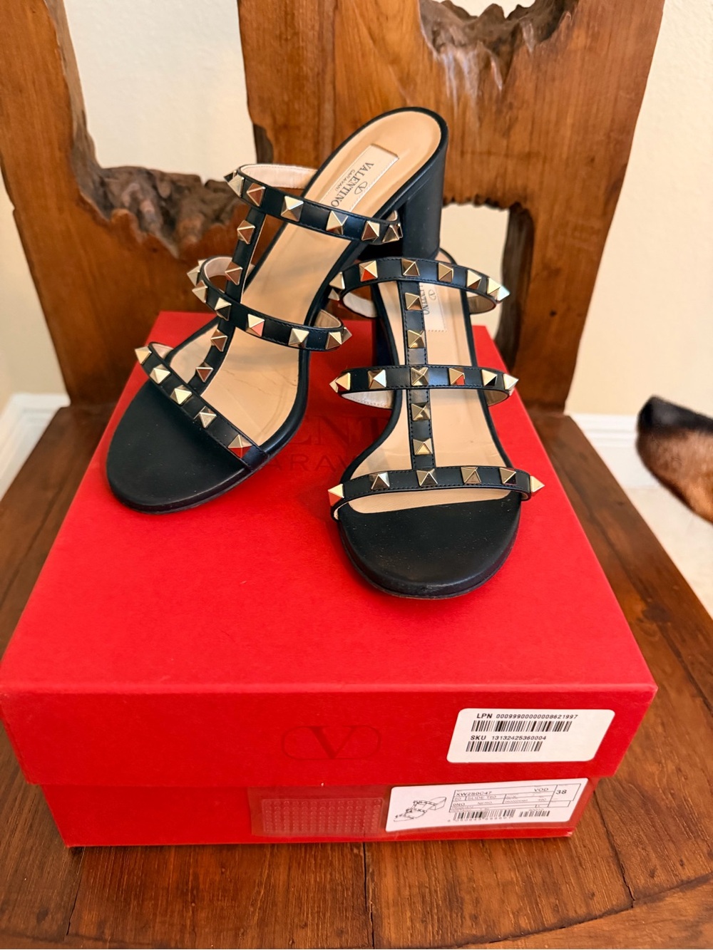 Valentino Garavani Black Leather Rockstud Triple-Strap Heel Sandals